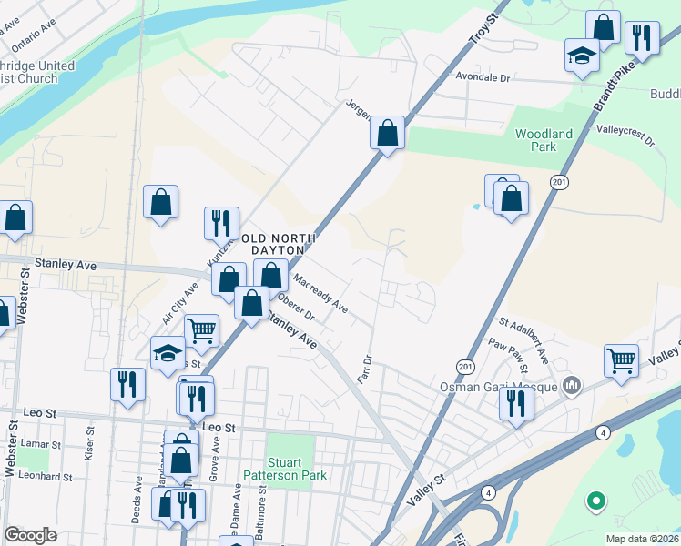 map of restaurants, bars, coffee shops, grocery stores, and more near 165 Kelly Avenue in Dayton