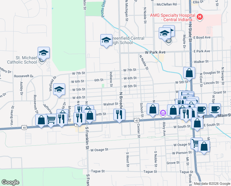 map of restaurants, bars, coffee shops, grocery stores, and more near 829 West 4th Street in Greenfield