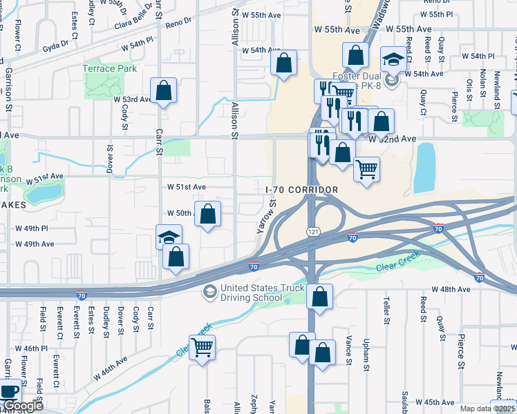 map of restaurants, bars, coffee shops, grocery stores, and more near 7850 West 51st Avenue in Arvada