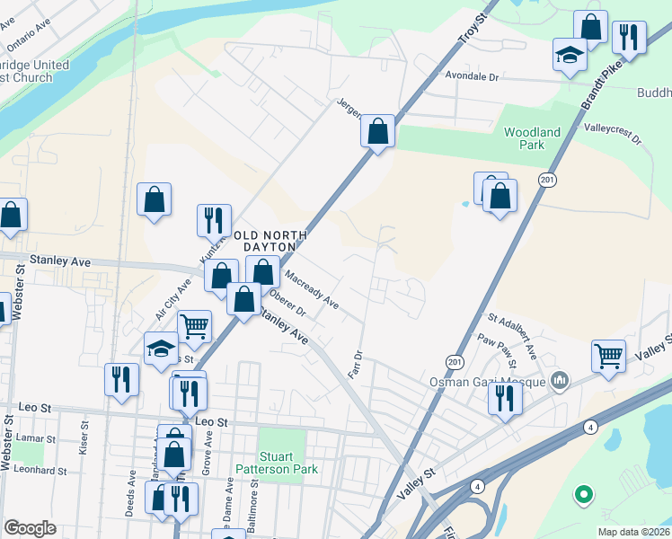 map of restaurants, bars, coffee shops, grocery stores, and more near 165 Kelly Avenue in Dayton