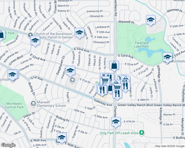 map of restaurants, bars, coffee shops, grocery stores, and more near 5169 Enid Way in Denver