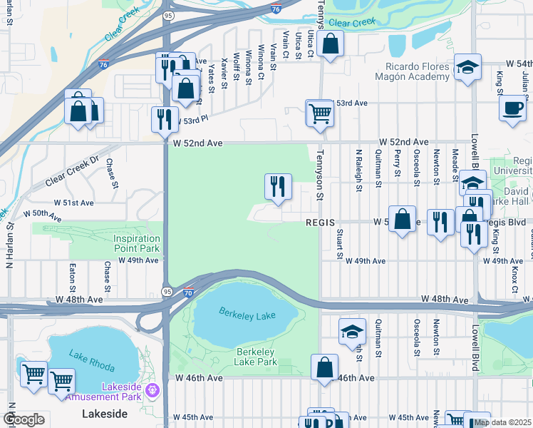 map of restaurants, bars, coffee shops, grocery stores, and more near 4611 West 50th Avenue in Denver