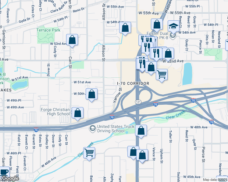 map of restaurants, bars, coffee shops, grocery stores, and more near 5195 Wadsworth Boulevard in Arvada
