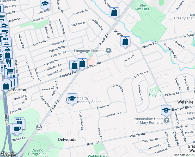 map of restaurants, bars, coffee shops, grocery stores, and more near 17 Bradley Drive in Wilmington