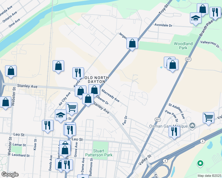 map of restaurants, bars, coffee shops, grocery stores, and more near 23 Macready Avenue in Dayton