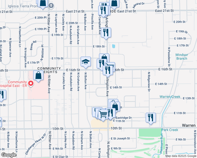 map of restaurants, bars, coffee shops, grocery stores, and more near 1408 North Campbell Avenue in Indianapolis