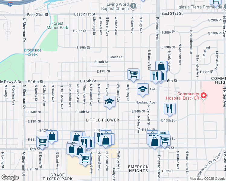 map of restaurants, bars, coffee shops, grocery stores, and more near 4723 East 15th Street in Indianapolis