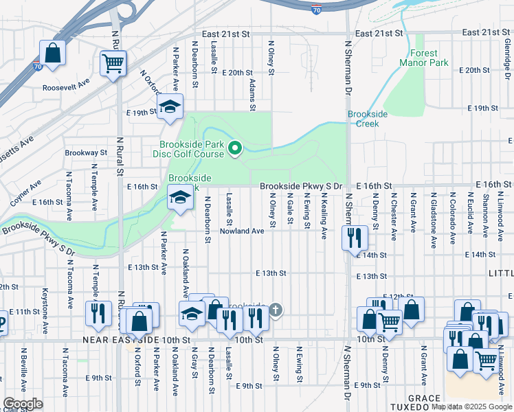map of restaurants, bars, coffee shops, grocery stores, and more near 1434 North Olney Street in Indianapolis