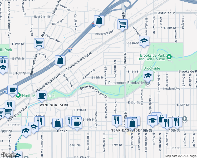 map of restaurants, bars, coffee shops, grocery stores, and more near 2408 Brookside Parkway North Drive in Indianapolis