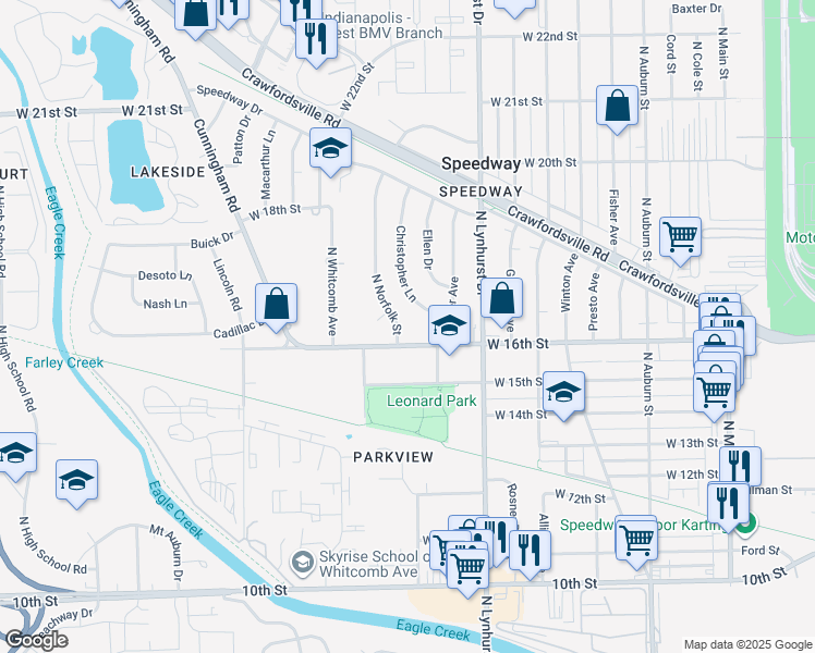 map of restaurants, bars, coffee shops, grocery stores, and more near 5408 West 16th Street in Indianapolis