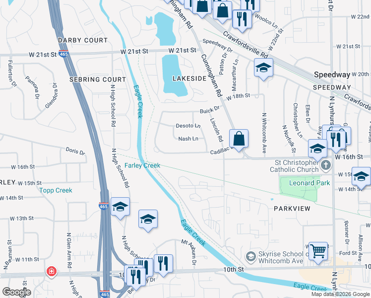 map of restaurants, bars, coffee shops, grocery stores, and more near 5921 Cadillac Drive in Speedway