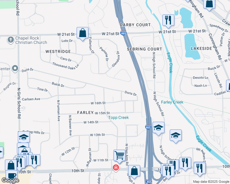 map of restaurants, bars, coffee shops, grocery stores, and more near 1630 Crest Court in Indianapolis