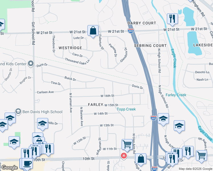 map of restaurants, bars, coffee shops, grocery stores, and more near 1632 Farley Drive in Indianapolis
