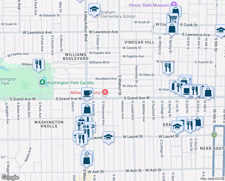 map of restaurants, bars, coffee shops, grocery stores, and more near 721 South Grand Avenue West in Springfield