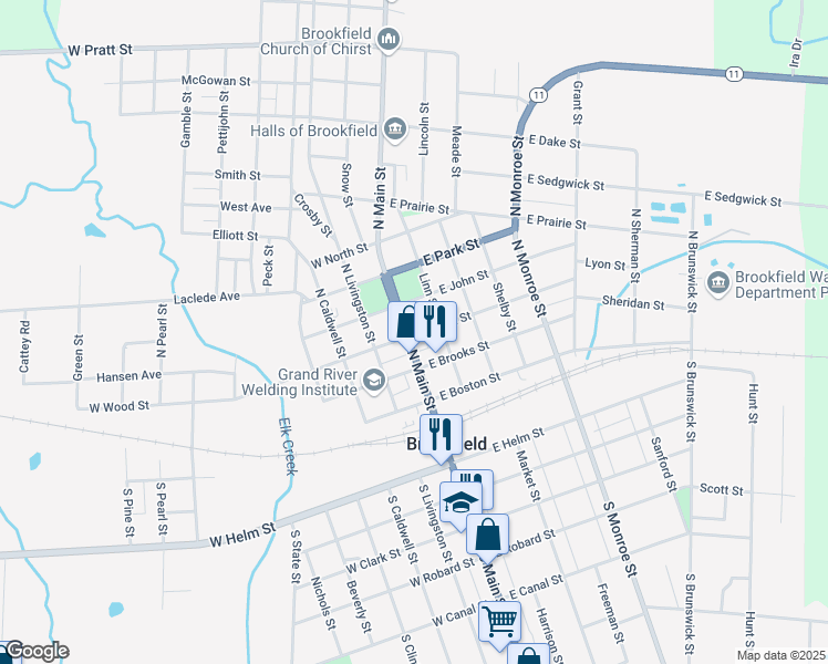 map of restaurants, bars, coffee shops, grocery stores, and more near 253-299 North Main Street in Brookfield