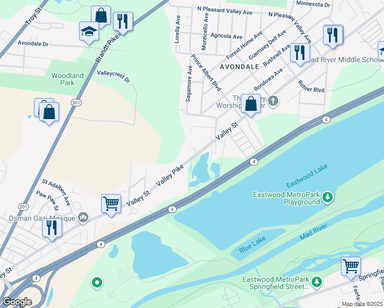 map of restaurants, bars, coffee shops, grocery stores, and more near 2115 Valley Street in Dayton