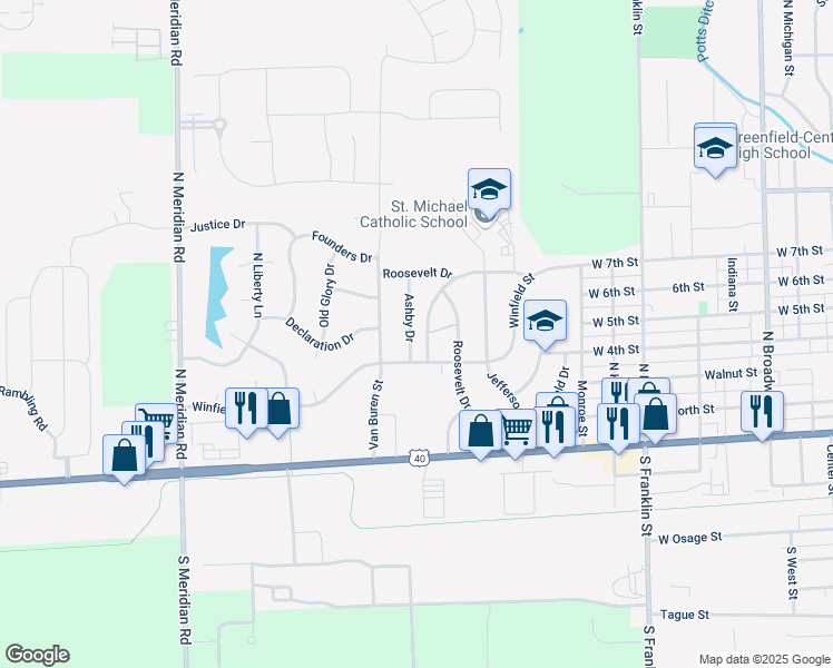 map of restaurants, bars, coffee shops, grocery stores, and more near 371 Ashby Drive in Greenfield
