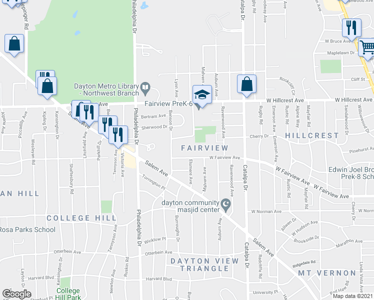 map of restaurants, bars, coffee shops, grocery stores, and more near 315 West Fairview Avenue in Dayton
