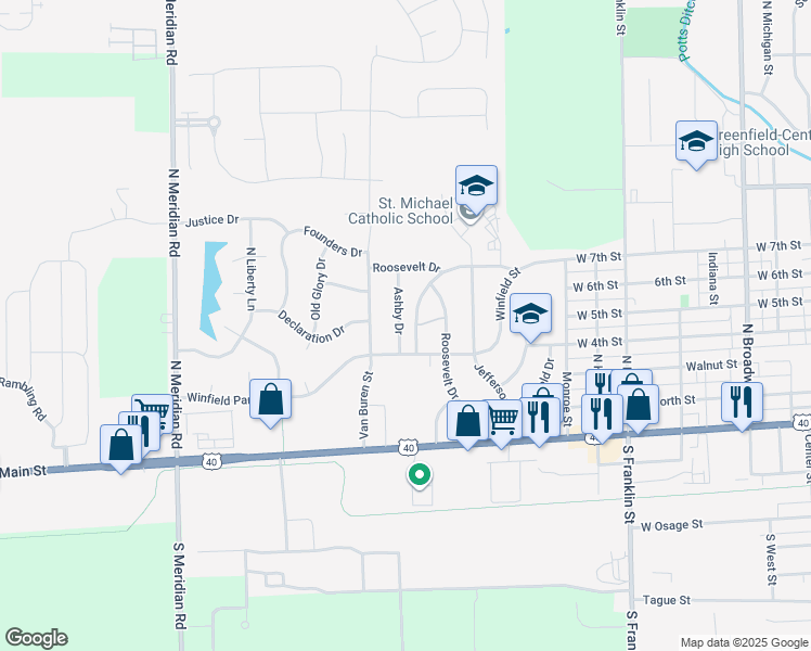map of restaurants, bars, coffee shops, grocery stores, and more near 371 Ashby Drive in Greenfield