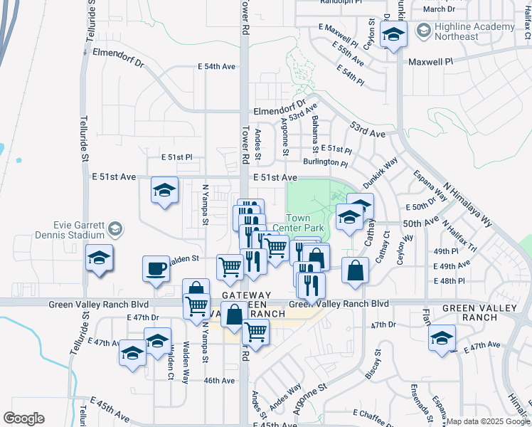 map of restaurants, bars, coffee shops, grocery stores, and more near 5000 Tower Road in Denver