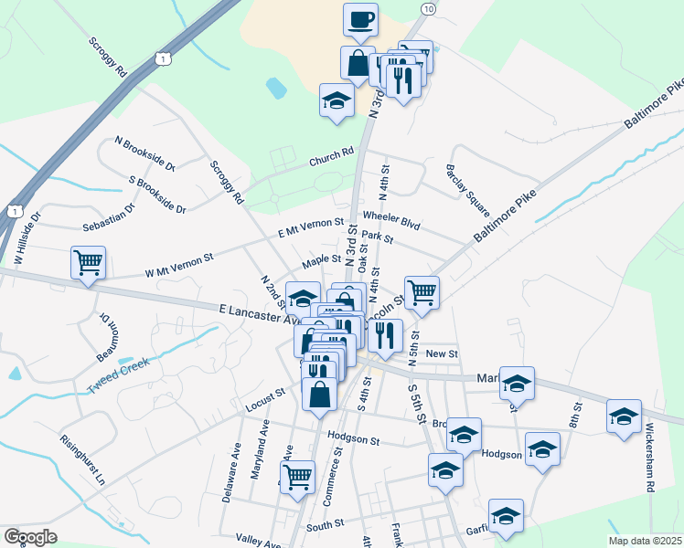 map of restaurants, bars, coffee shops, grocery stores, and more near 106 North 3rd Street in Oxford