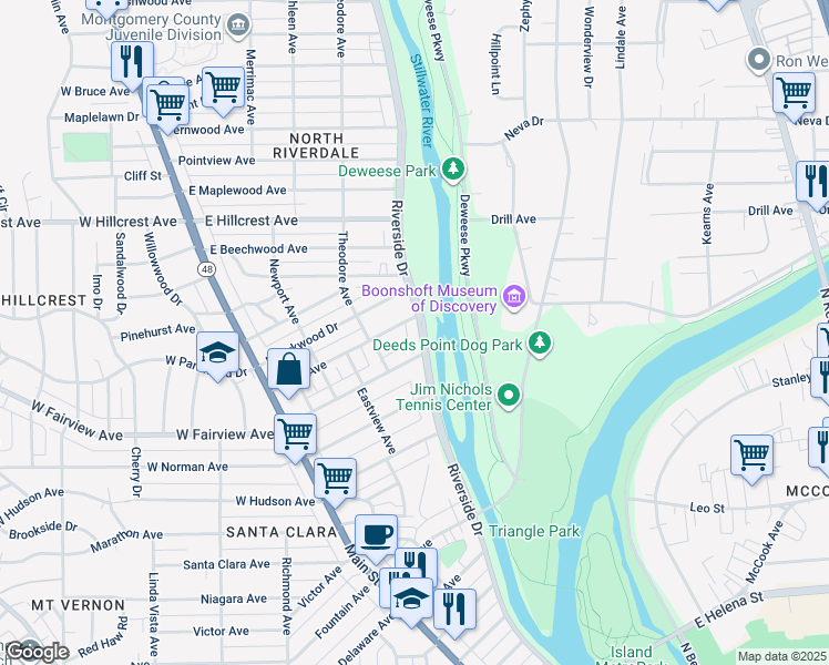 map of restaurants, bars, coffee shops, grocery stores, and more near 2323 Riverside Drive in Dayton