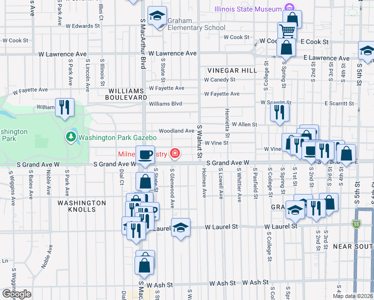 map of restaurants, bars, coffee shops, grocery stores, and more near 721 South Grand Avenue West in Springfield