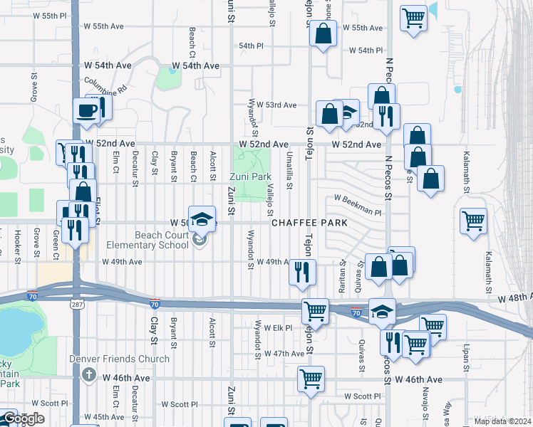 map of restaurants, bars, coffee shops, grocery stores, and more near 5017 Vallejo Street in Denver