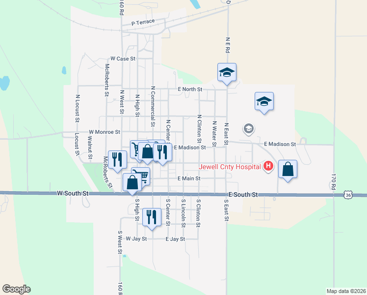 map of restaurants, bars, coffee shops, grocery stores, and more near 301 East Madison Street in Mankato