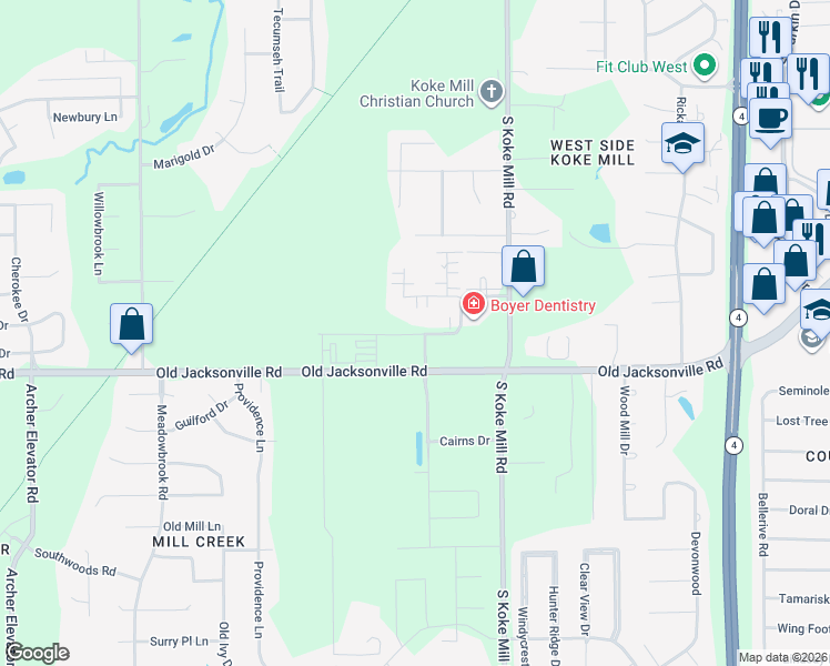 map of restaurants, bars, coffee shops, grocery stores, and more near 3412 Conifer Drive in Springfield