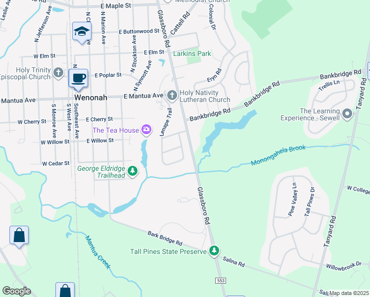 map of restaurants, bars, coffee shops, grocery stores, and more near 404 Lenape Trail in Wenonah