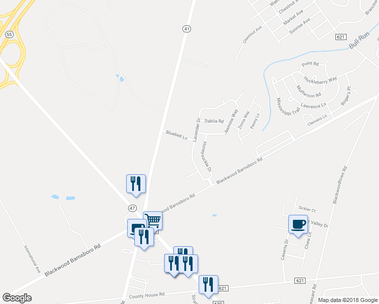 map of restaurants, bars, coffee shops, grocery stores, and more near 22 Lavender Drive in Deptford Township