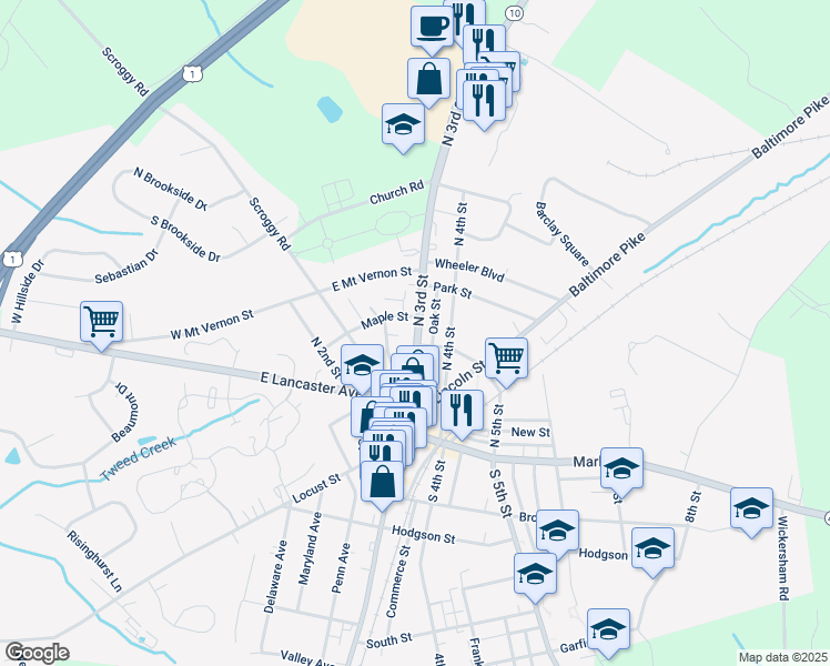 map of restaurants, bars, coffee shops, grocery stores, and more near 106 North 3rd Street in Oxford