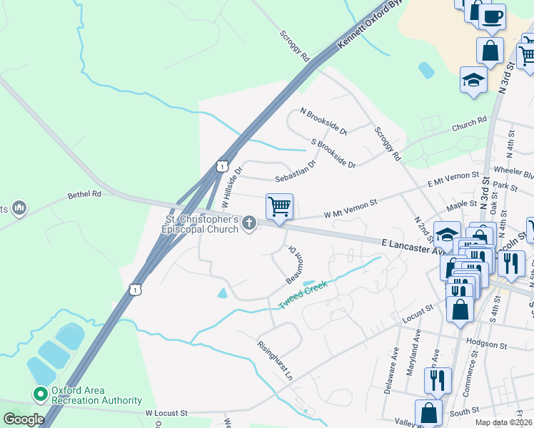 map of restaurants, bars, coffee shops, grocery stores, and more near 105 Lancaster Pike in Oxford