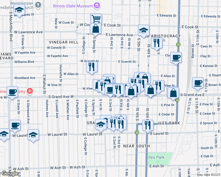 map of restaurants, bars, coffee shops, grocery stores, and more near 1200 South 2nd Street in Springfield