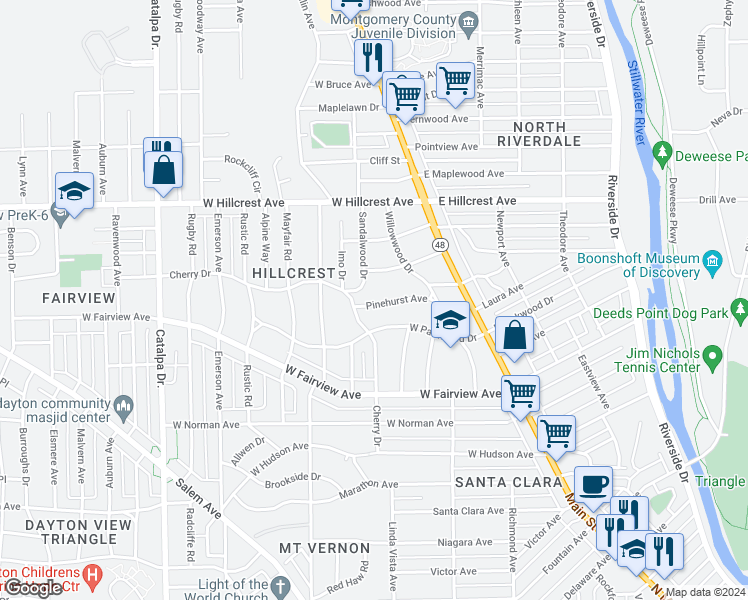 map of restaurants, bars, coffee shops, grocery stores, and more near 57 Pinehurst Avenue in Dayton