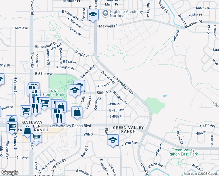 map of restaurants, bars, coffee shops, grocery stores, and more near 19706 50th Avenue in Denver
