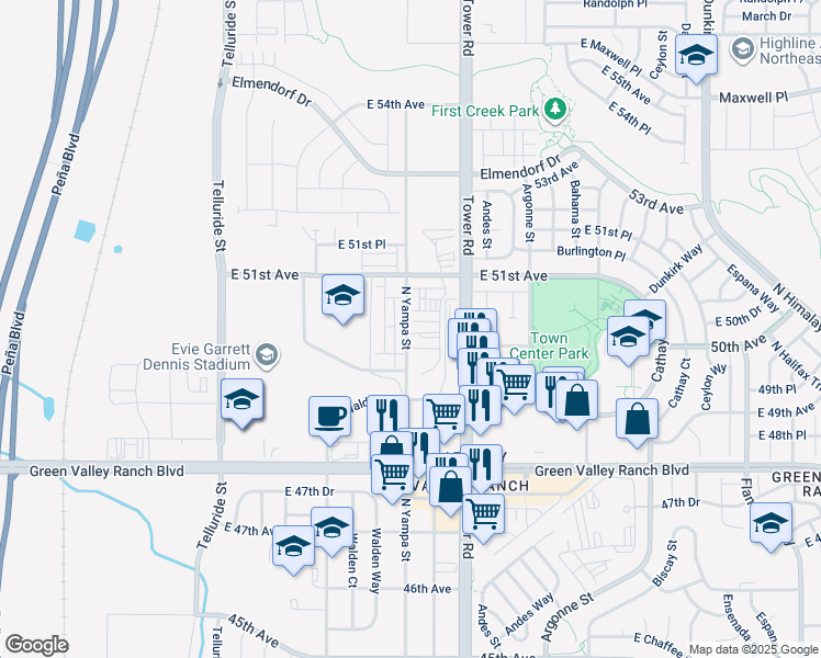 map of restaurants, bars, coffee shops, grocery stores, and more near 18298 East 51st Avenue in Denver
