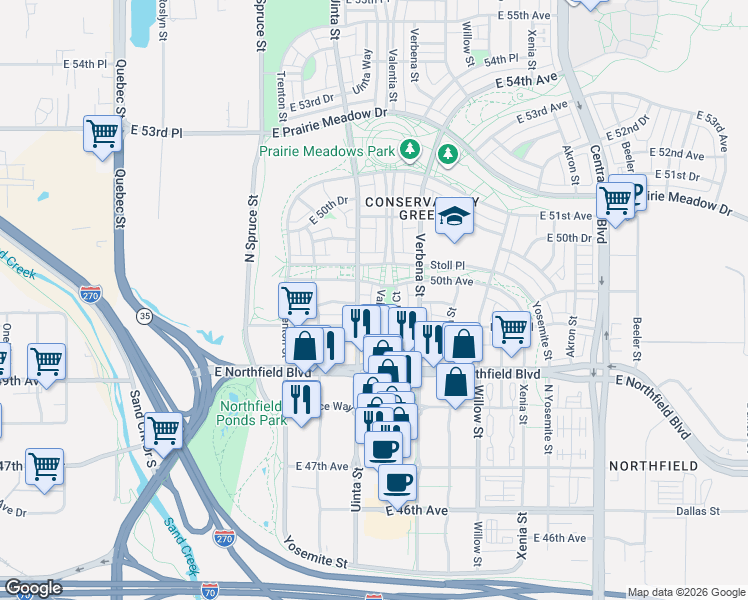 map of restaurants, bars, coffee shops, grocery stores, and more near 8303 Northfield Boulevard in Denver