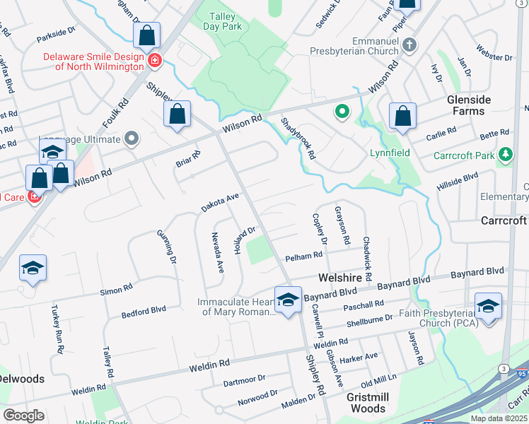 map of restaurants, bars, coffee shops, grocery stores, and more near 1311 Shipley Road in Wilmington