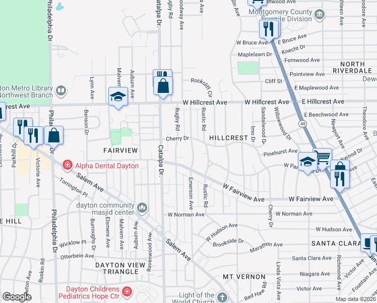 map of restaurants, bars, coffee shops, grocery stores, and more near 2221 Emerson Avenue in Dayton