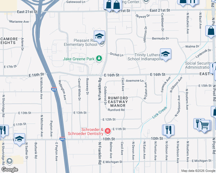 map of restaurants, bars, coffee shops, grocery stores, and more near 1421 Goldenrod Drive in Indianapolis