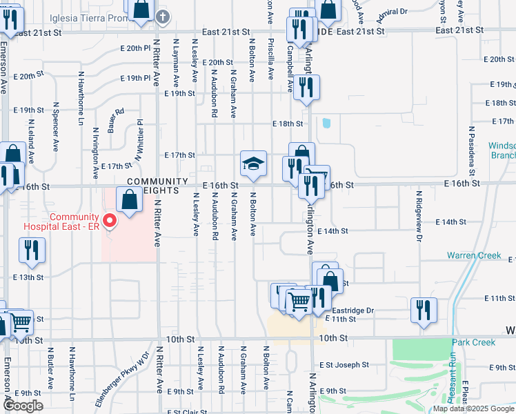 map of restaurants, bars, coffee shops, grocery stores, and more near 1414 Priscilla Avenue in Indianapolis