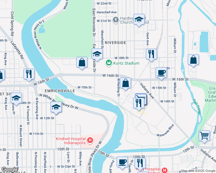 map of restaurants, bars, coffee shops, grocery stores, and more near 1501 West 16th Street in Indianapolis