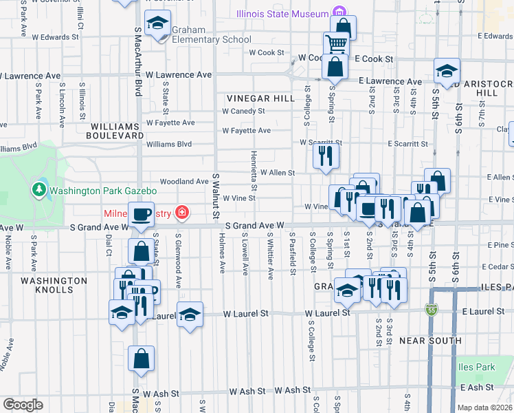 map of restaurants, bars, coffee shops, grocery stores, and more near 1221 Henrietta Street in Springfield
