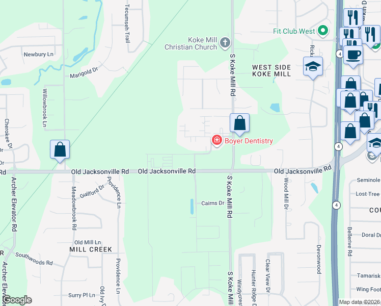 map of restaurants, bars, coffee shops, grocery stores, and more near 3412 Conifer Drive in Springfield
