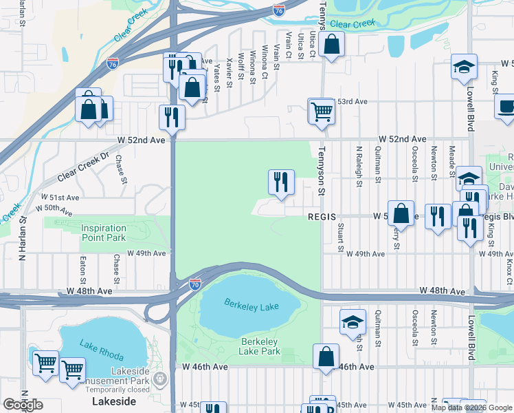 map of restaurants, bars, coffee shops, grocery stores, and more near 4675 West 50th Avenue in Denver