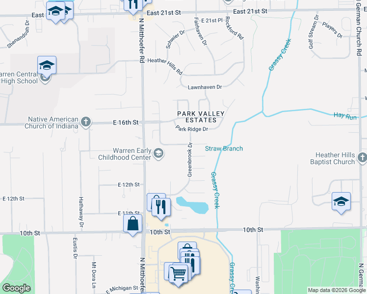 map of restaurants, bars, coffee shops, grocery stores, and more near 10153 Park Stream Drive in Indianapolis