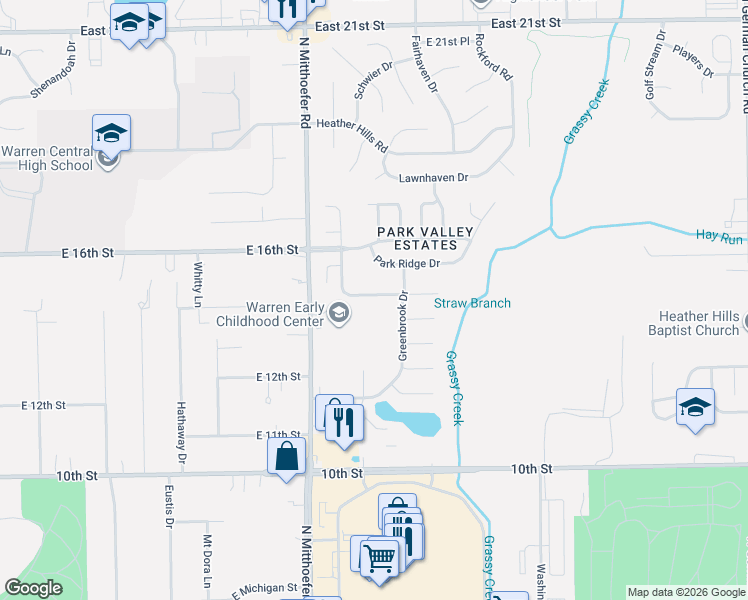 map of restaurants, bars, coffee shops, grocery stores, and more near 10153 Park Stream Drive in Indianapolis