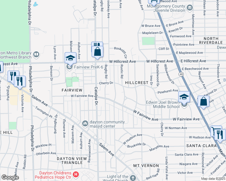 map of restaurants, bars, coffee shops, grocery stores, and more near 2235 Emerson Avenue in Dayton